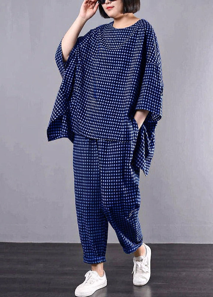 Elke - Casual Pluss Størrelse Bomull Lin Rød Rutete Vintage Bluse Og Bukser