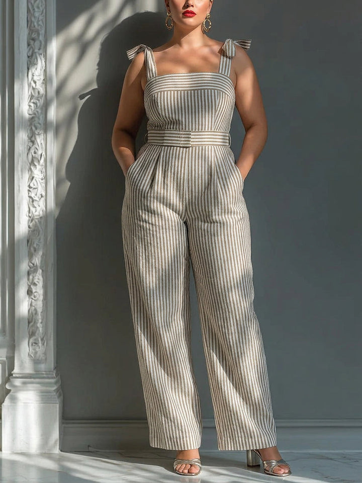 Gwendolyn - Beige Stripet Lin-Blend Tie-Shoulder Jumpsuit