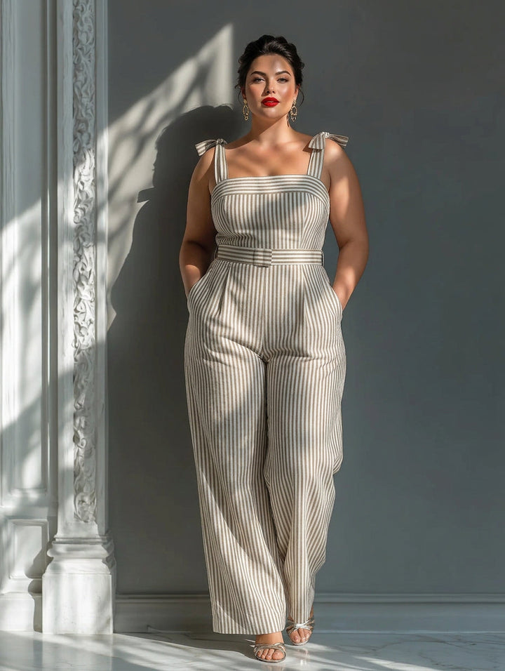 Gwendolyn - Beige Stripet Lin-Blend Tie-Shoulder Jumpsuit