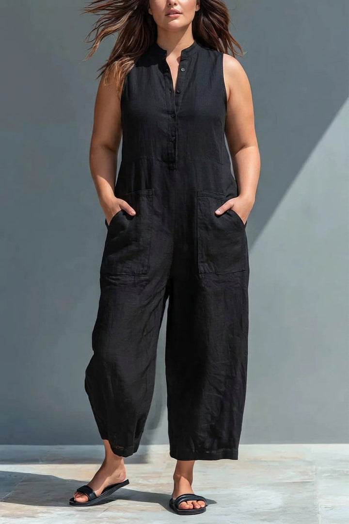 Signy - Svart Lin-Blanding Krage Jumpsuit