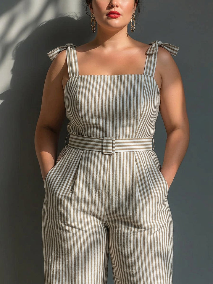 Gwendolyn - Beige Stripet Lin-Blend Tie-Shoulder Jumpsuit