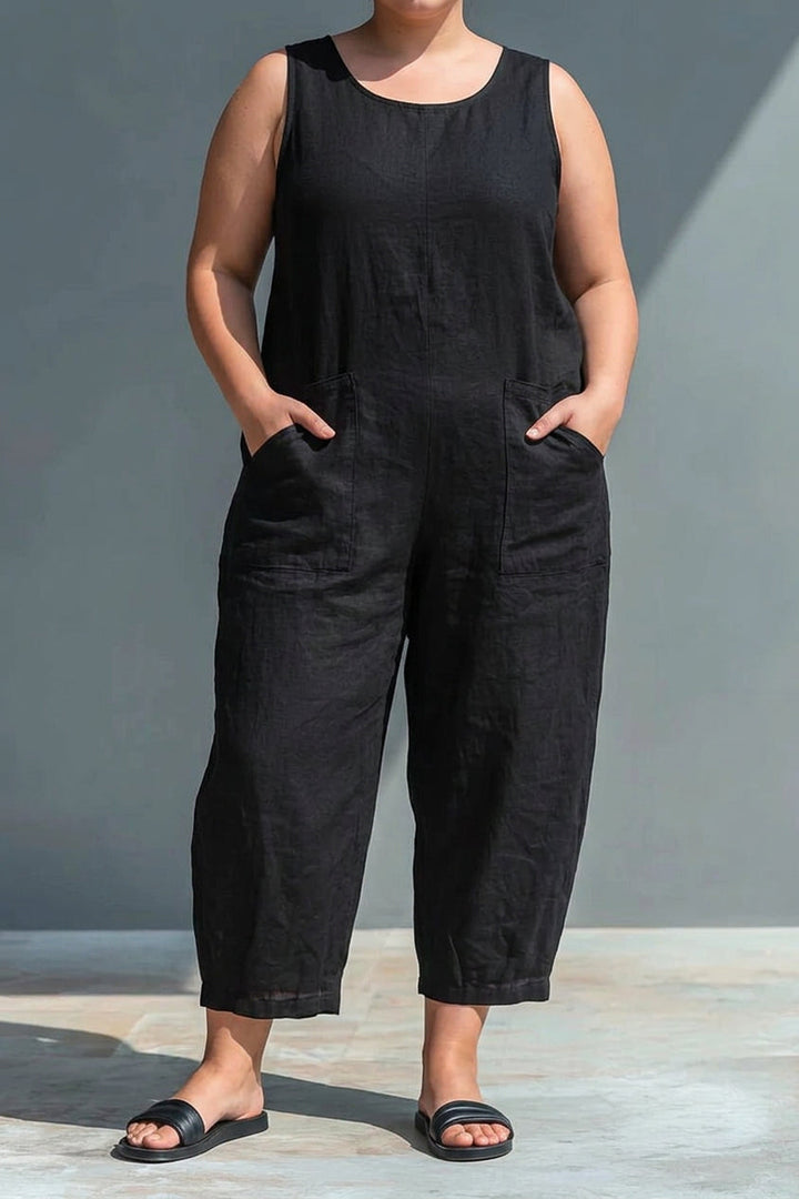 Signy - Svart Lin-Blanding Krage Jumpsuit