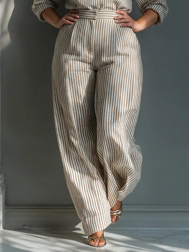 Gwendolyn - Beige Stripet Lin-Blend Tie-Shoulder Jumpsuit