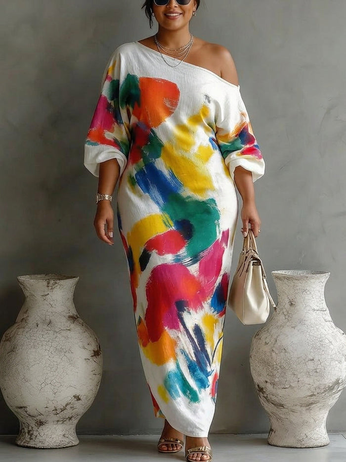 Dame Maxikjole med Asymmetrisk Skuldre og Abstrakt Print