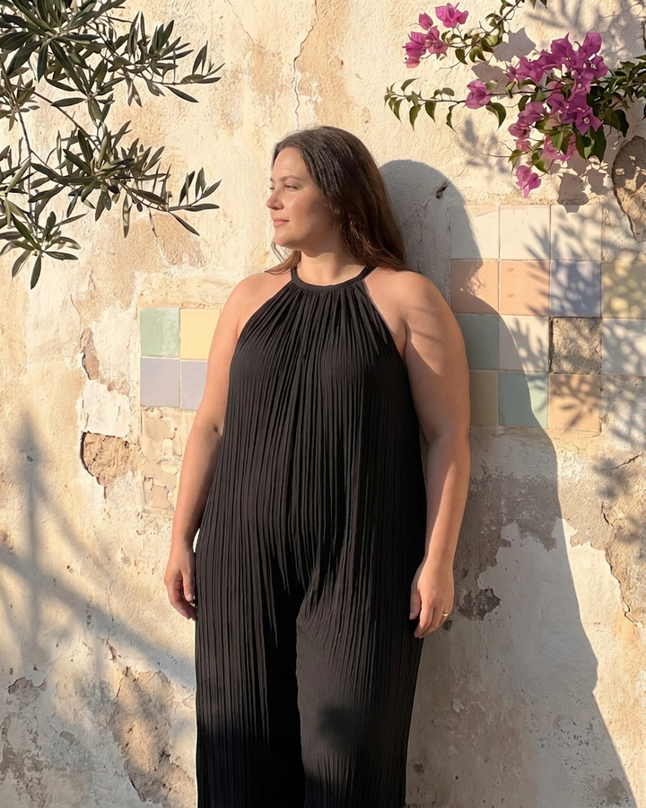 Wanda | Plisserte Halterneck Bred Ben Avslappet Jumpsuit