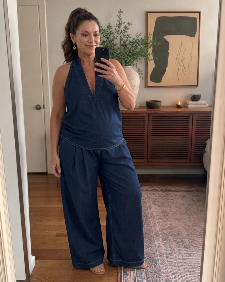 Opaline | Halterneck Denim Topp og Vide Bukser Sett