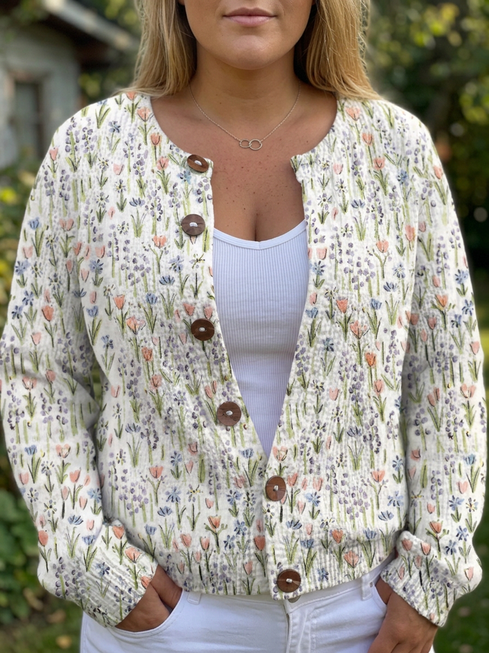 Dame Vintage Blomsterjakke med Ribbestrikk og Knapper