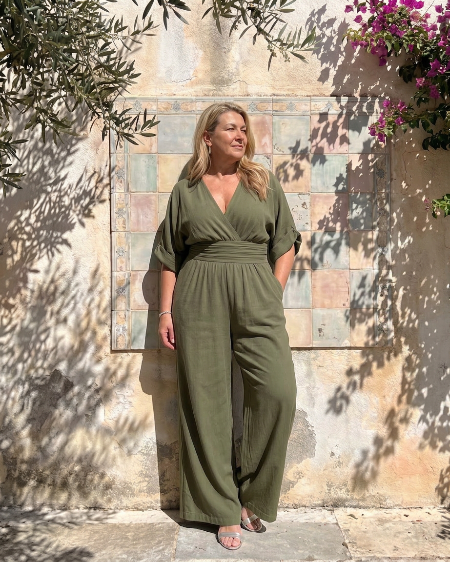 Ottilie | Drapert V-hals Bred Beina Avslappet Jumpsuit