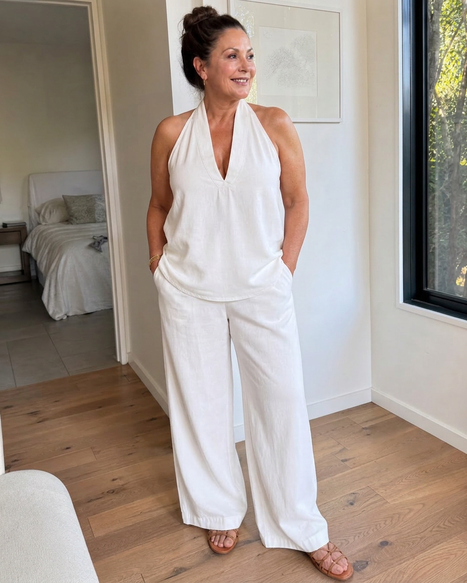Opaline | Halterneck Denim Topp og Vide Bukser Sett