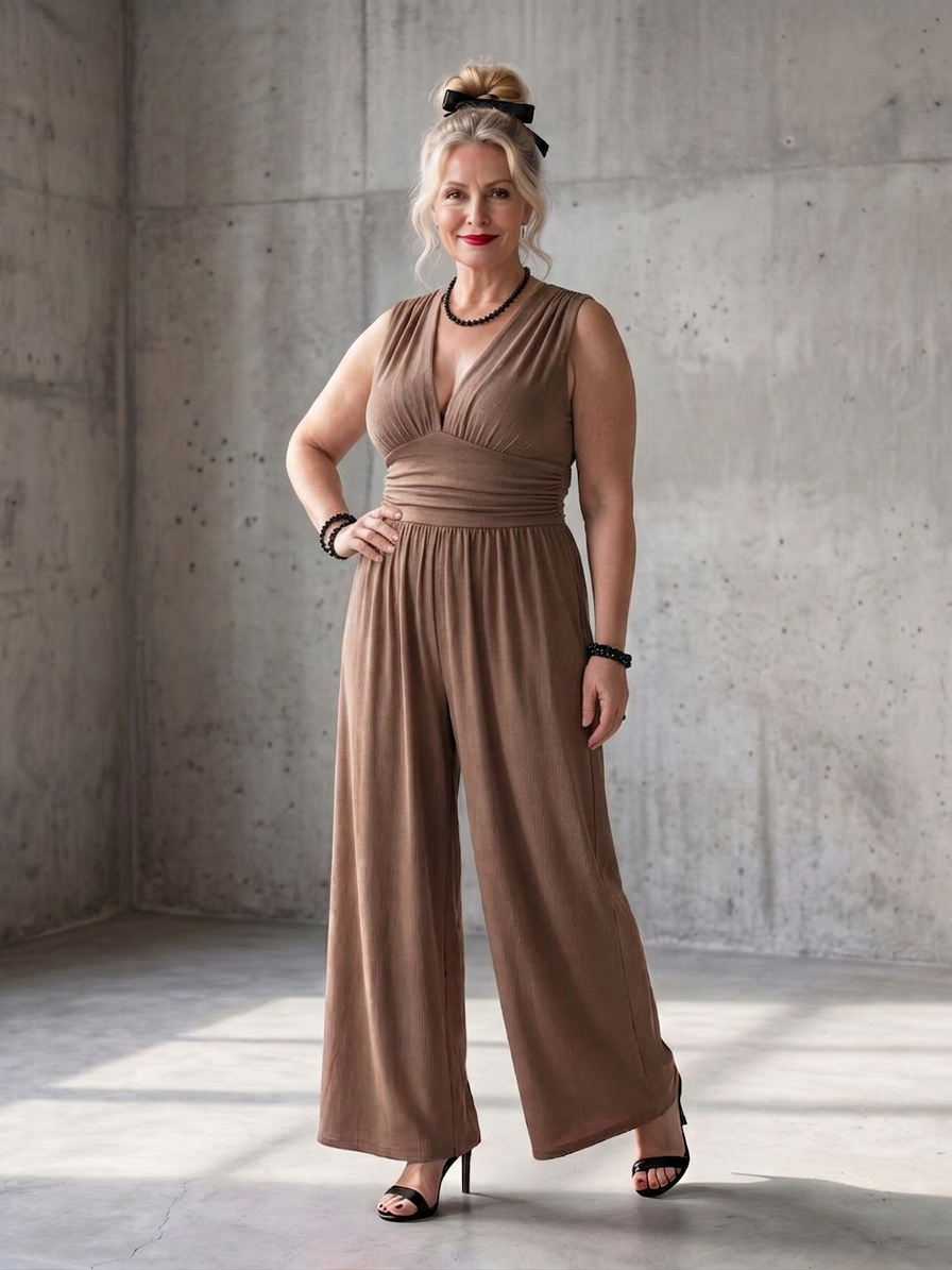 Tegan | Dyp V Midje Definert Bred Beina Jumpsuit