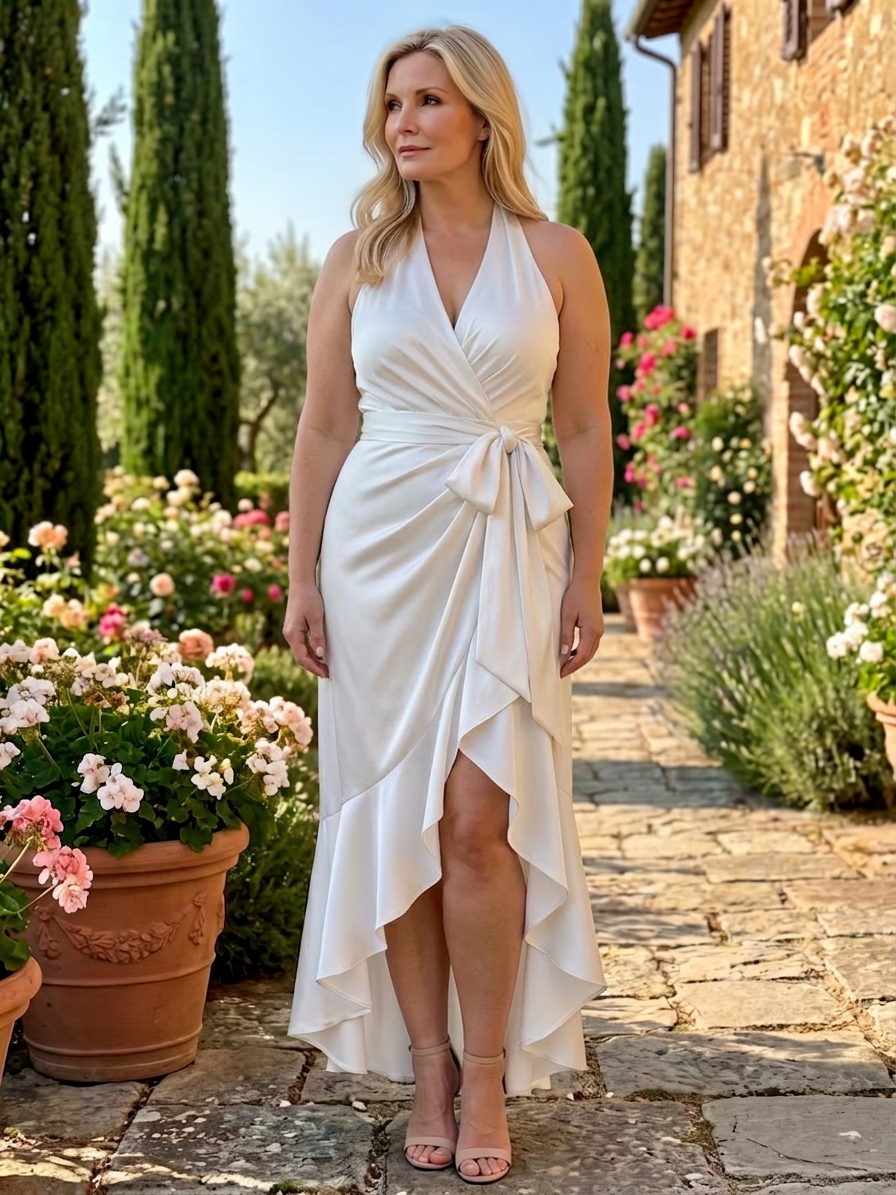 Amina | Halter Neck Wrap Asymmetrisk Hem Midi Kjole