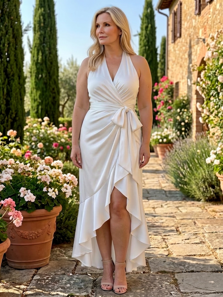Amina | Halter Neck Wrap Asymmetrisk Hem Midi Kjole
