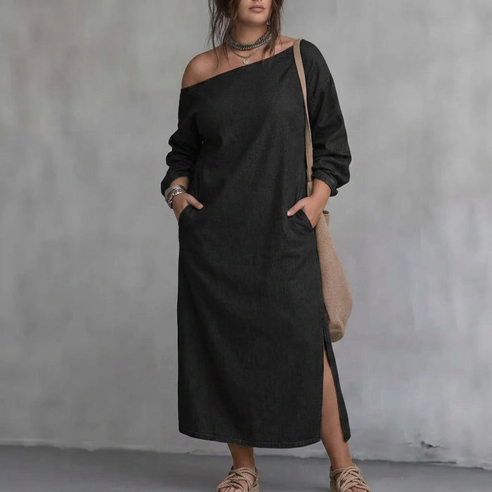 Kaia Off-Shoulder Slit Dress: Moderne Minimalistisk Eleganse