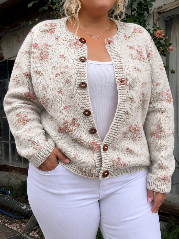 Dame Strikket Cardigan med Blomstermønster og Knapper