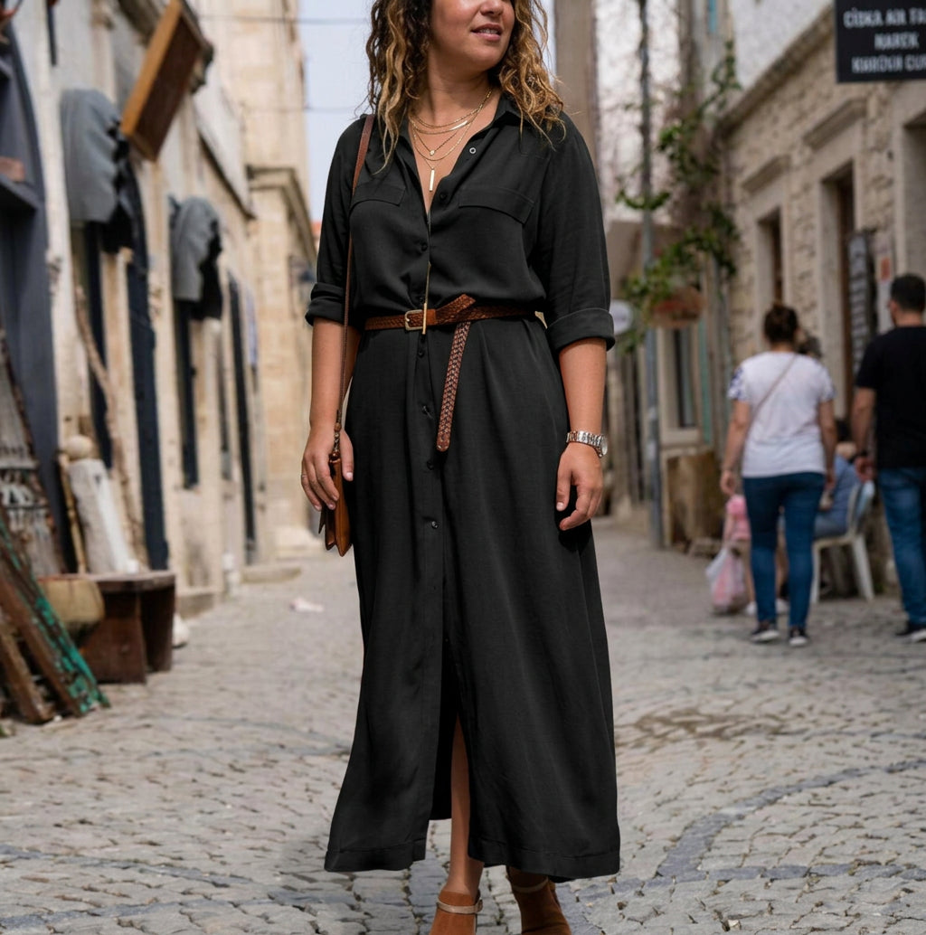 Lark Langermet Beltekjole: Elegant Feminin Silhuett