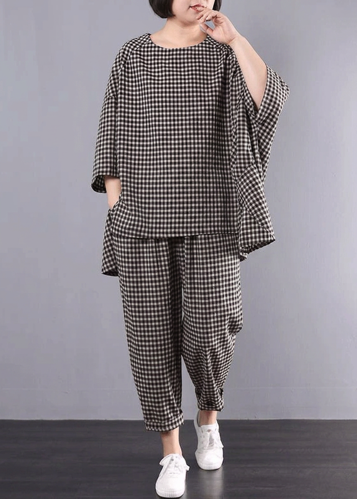 Elke - Casual Pluss Størrelse Bomull Lin Rød Rutete Vintage Bluse Og Bukser