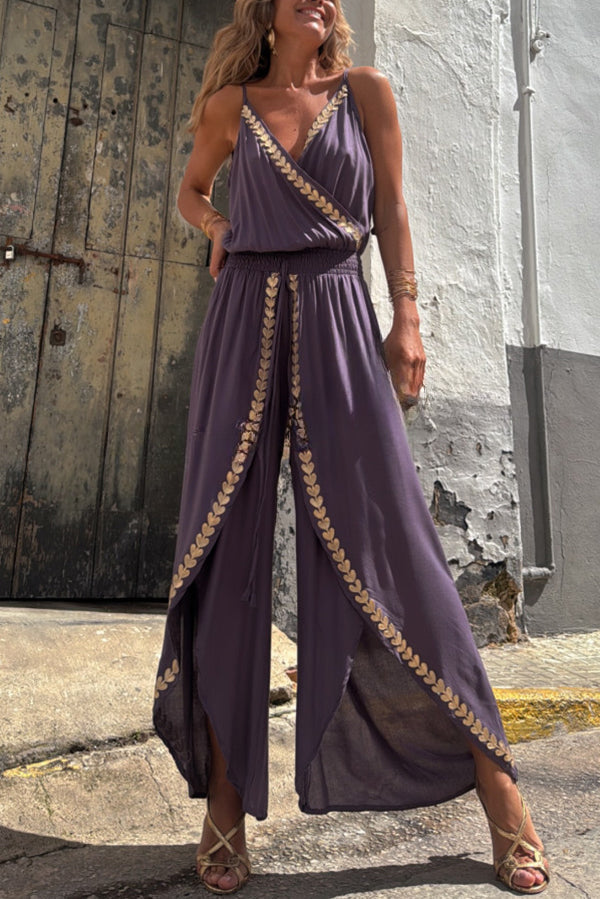 Irina - Tamia Gullkantet Elastisk Midje Slitt Bredbein Jumpsuit