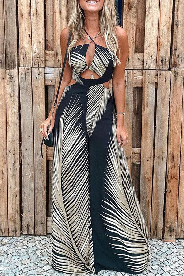 Yvaine - Tropisk Palmblad Trykk Utskjæring Bred Beina Jumpsuit