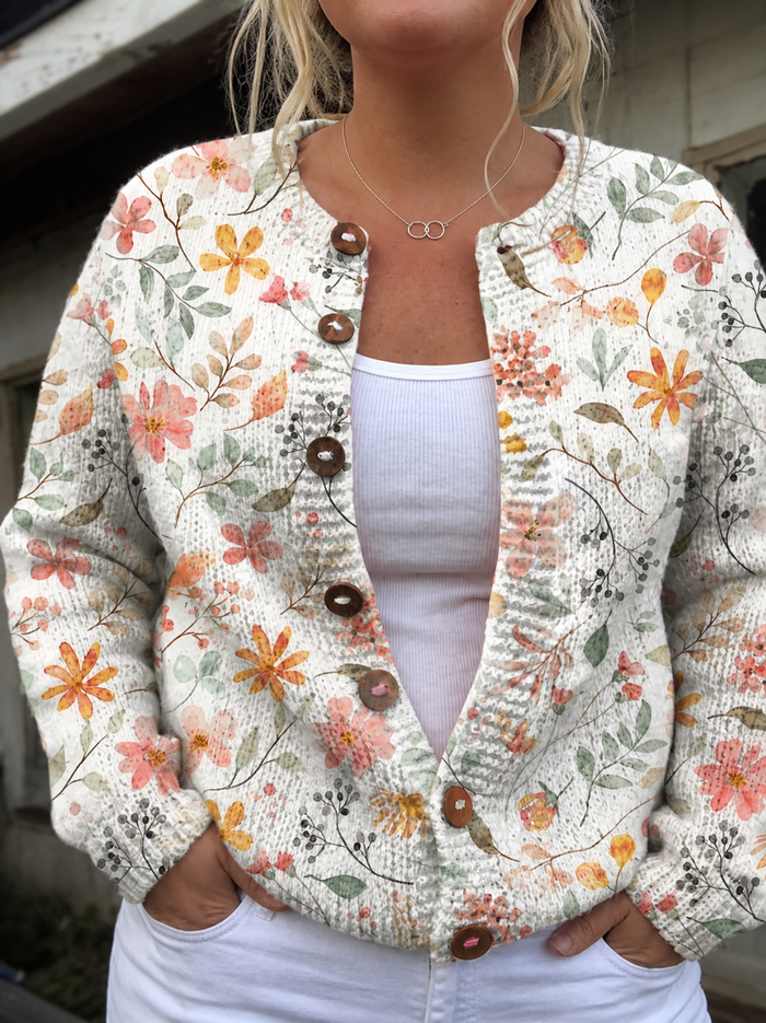 Dame Blomsterstrikket Cardigan med Knappefront