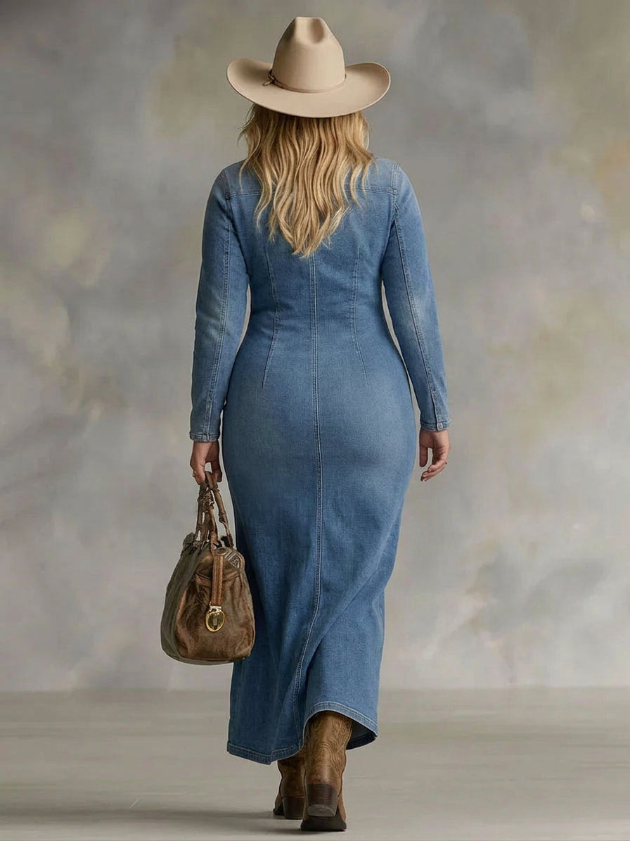 Gwen | V-hals Enkeltknapp Side Splitt Denim Langermet Maxi Kjole