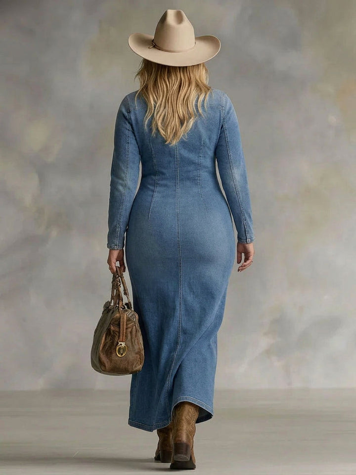 Gwen | V-hals Enkeltknapp Side Splitt Denim Langermet Maxi Kjole