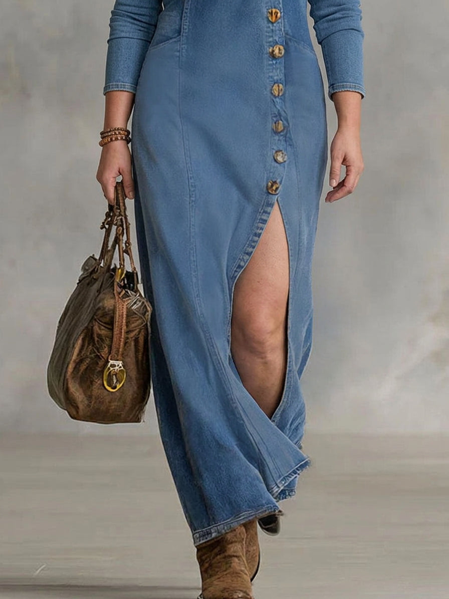 Gwen | V-hals Enkeltknapp Side Splitt Denim Langermet Maxi Kjole