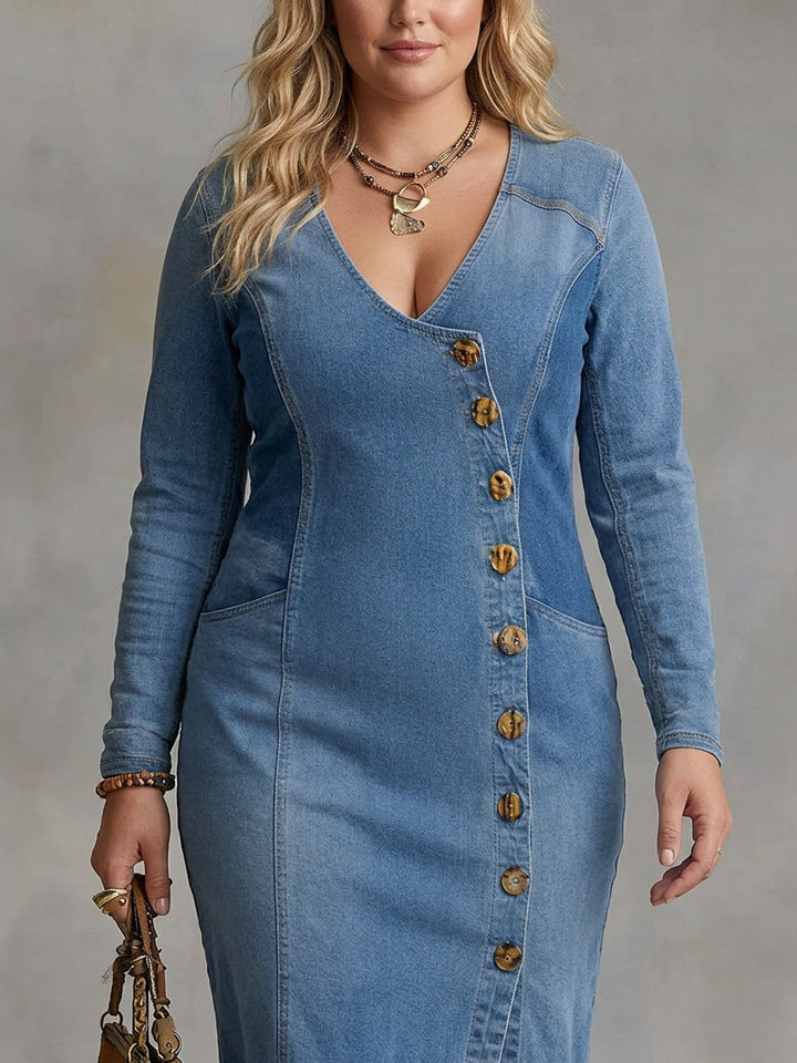 Gwen | V-hals Enkeltknapp Side Splitt Denim Langermet Maxi Kjole