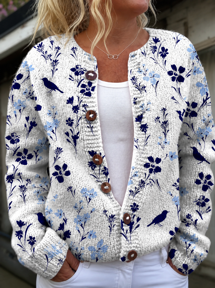 Dame Cardigan med Blomster- og Fuglemotiv Knapperad