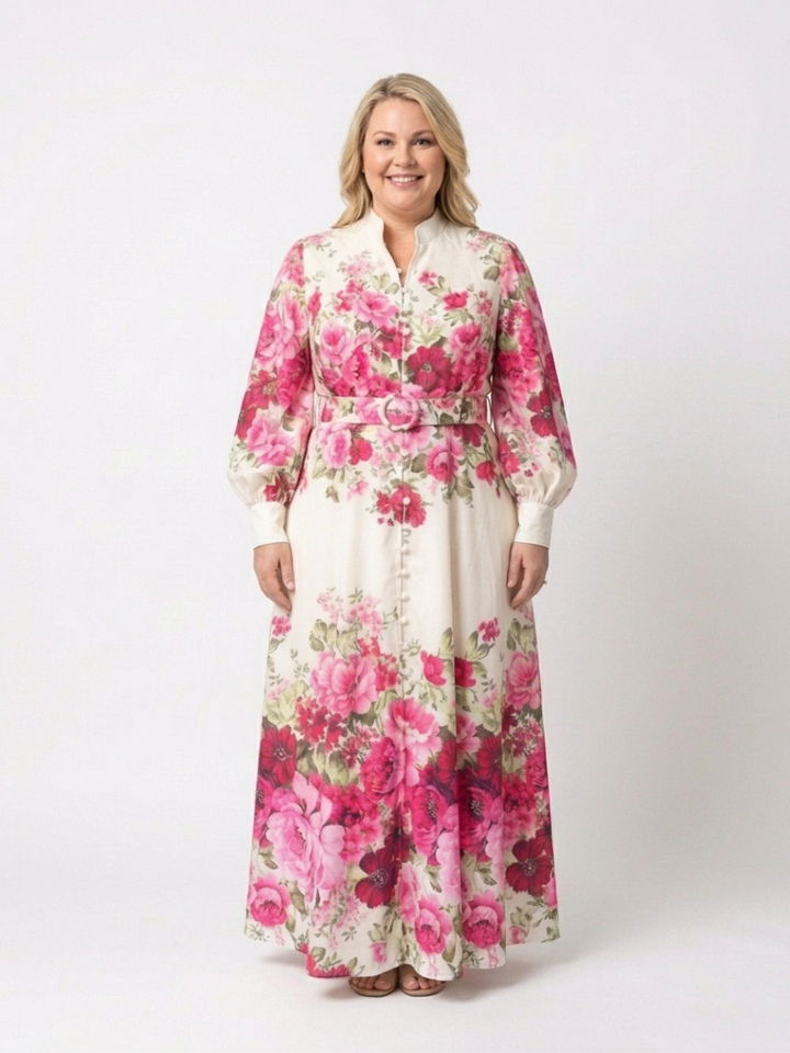 Dahlia | Langermet blomstret belted maxi-kjole