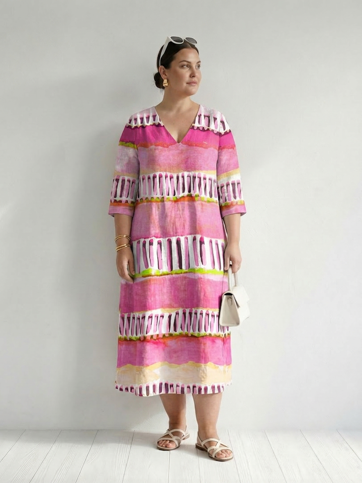 Kaia | Enkel Flow Mønstret Stripe Midi Kjole