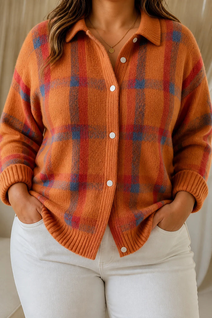 Dame Rutete Cardigan med Knappelukning og Polokrage
