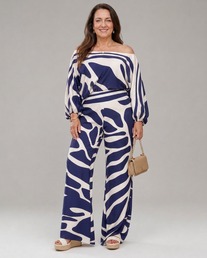 Calliope | Abstrakt Trykk Off Shoulder Topp Og Vide Bukser Sett