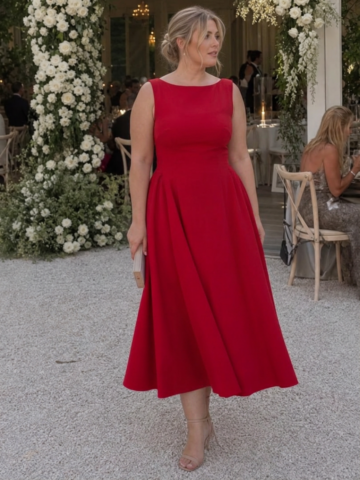 Isadora | Uten ermer Crew Neck Fitted Bodice Midi Kjole