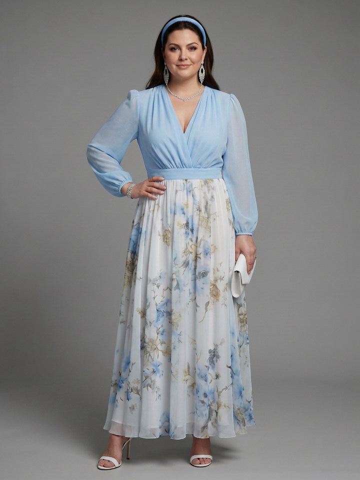Nia | V-hals Gjennomsiktig Bodice Blomster Maxi Kjole