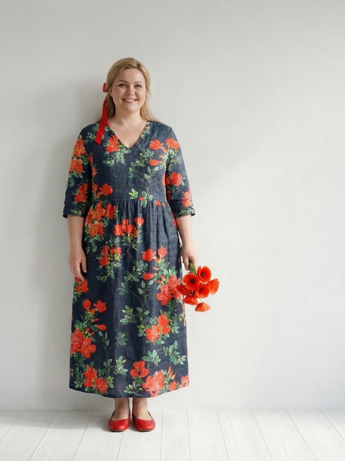 Hana | Rolig Drapert Blomster Midi Kjole