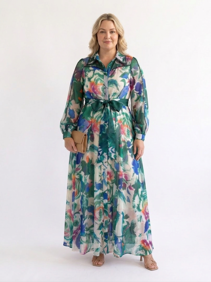 Aveline | Langermet trykket belted maxi-kjole