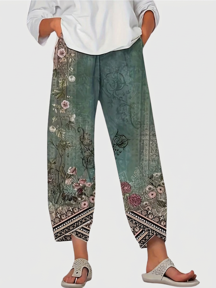 Olwen | Vintage Floral Capri Bukse Med Elastisk Midje