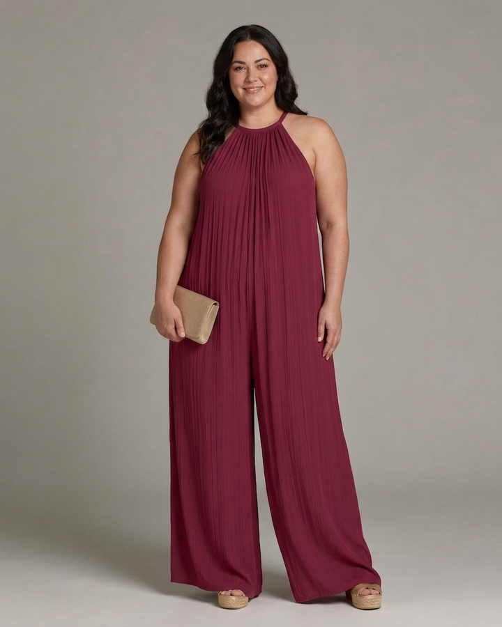 Wanda | Plisserte Halterneck Bred Ben Avslappet Jumpsuit