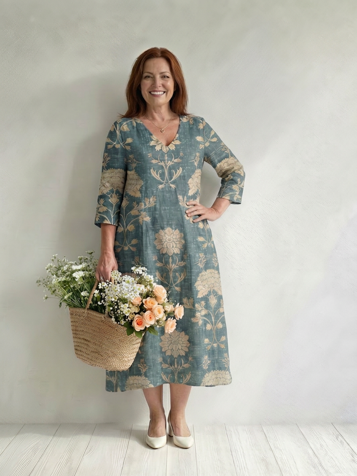 Aveline | Mild Form Blomstrete Midi Kjole