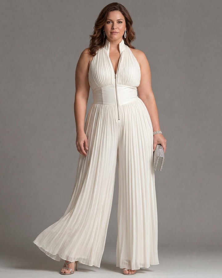 Eilwen | Plisserte Halterneck Bred Beina Jumpsuit