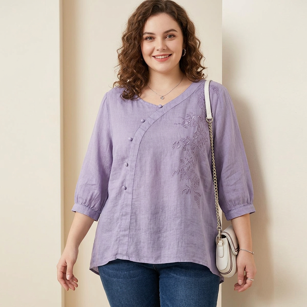 Clemence - Ren Bomull Brodert Elegant Topp