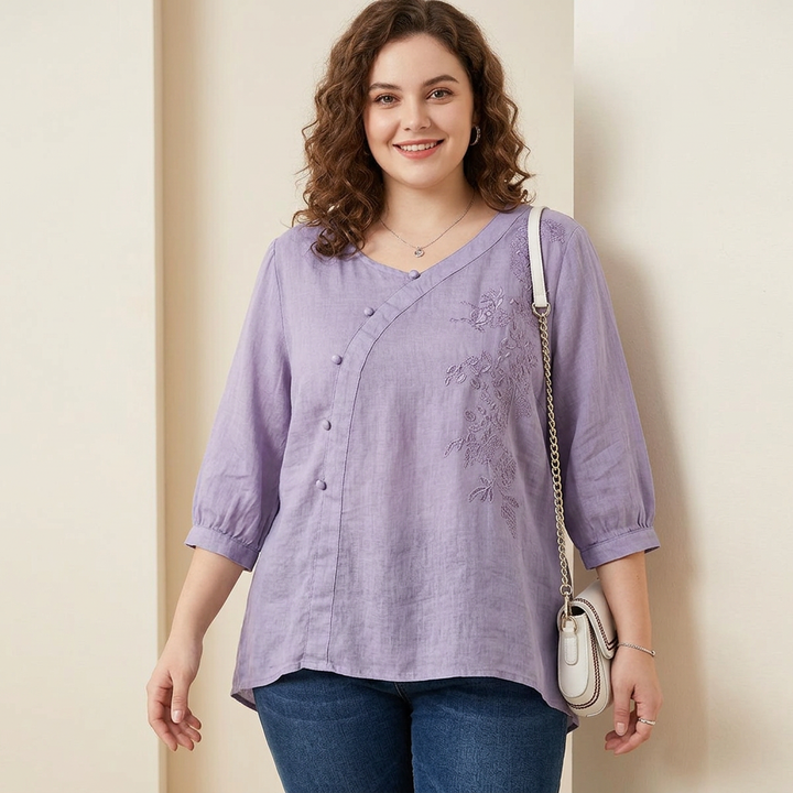 Clemence - Ren Bomull Brodert Elegant Topp