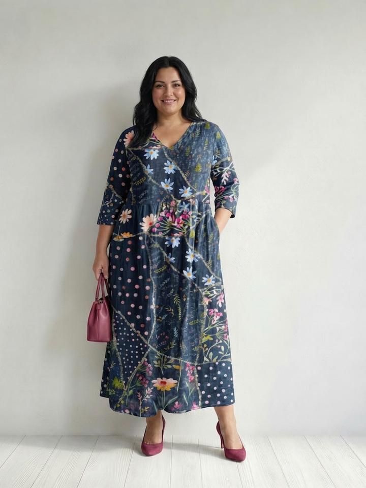 Thea | Enkel Samlet Blomster Midi Kjole
