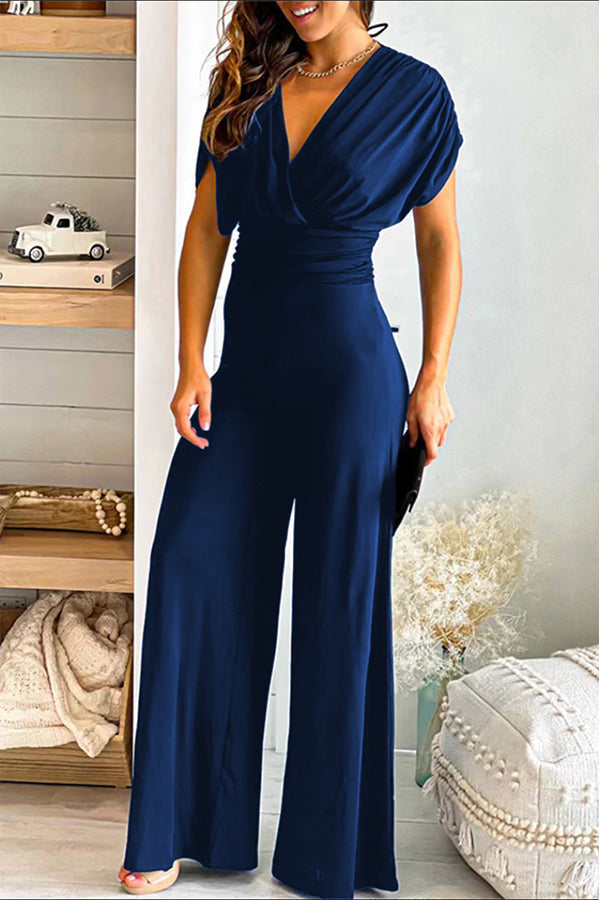 Zaina - V-hals solid slim fit midje vide ben jumpsuit
