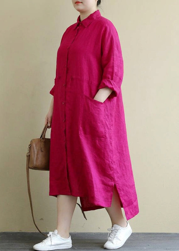 Isolde - Rød Lin Skjortekjole Casual Oversize Vår Maxi Kjoler