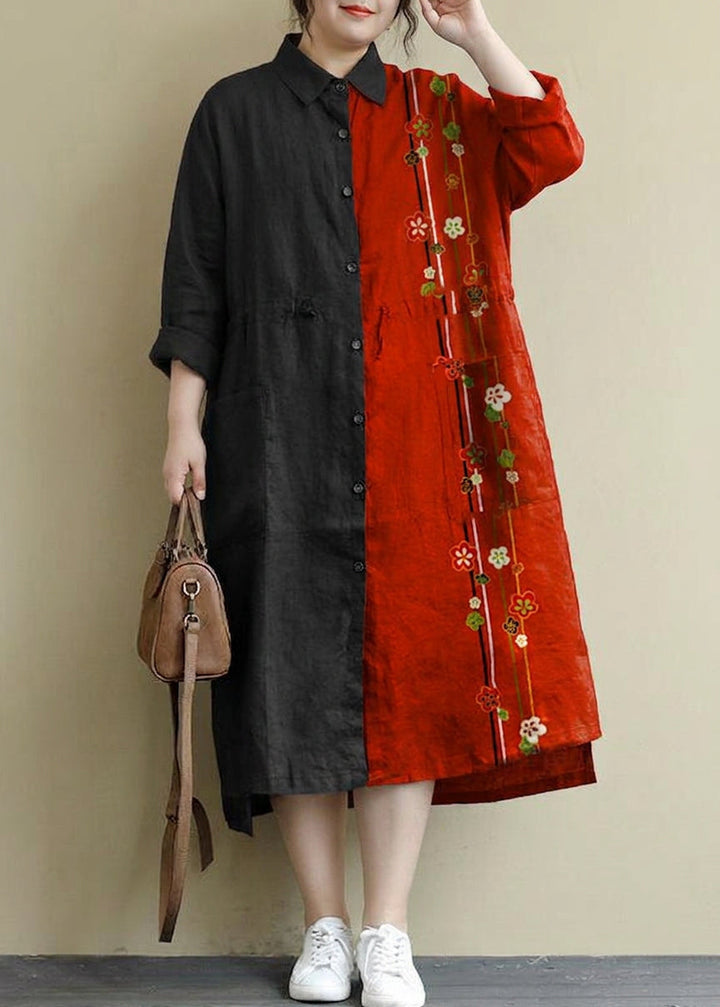 Isolde - Rød Lin Skjortekjole Casual Oversize Vår Maxi Kjoler