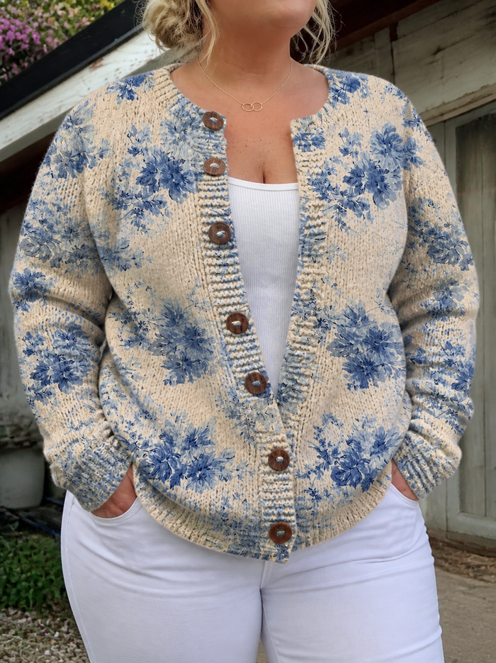 Dame Vintage Strikket Cardigan med Blomstertrykk