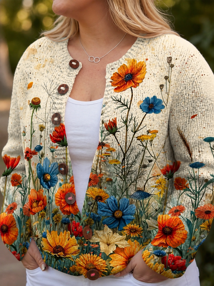 Dame Cardigan med Blomstertrykk og Knappesøm Foran