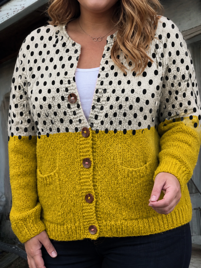 Dame Strikket Cardigan med Polkadott og Treknapper