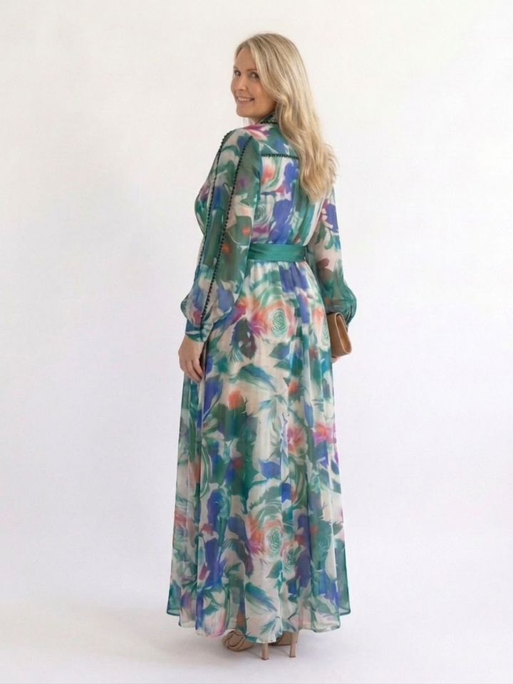 Aveline | Langermet trykket belted maxi-kjole